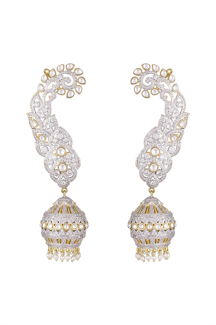 Gold Finish CZ Diamonds & Kundan Long Jhumka Earrings by Khushi Jewels at Pernia's Pop Up Shop