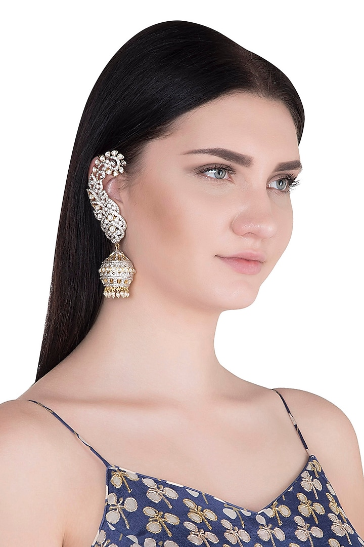 Gold Finish CZ Diamonds & Kundan Long Jhumka Earrings by Khushi Jewels