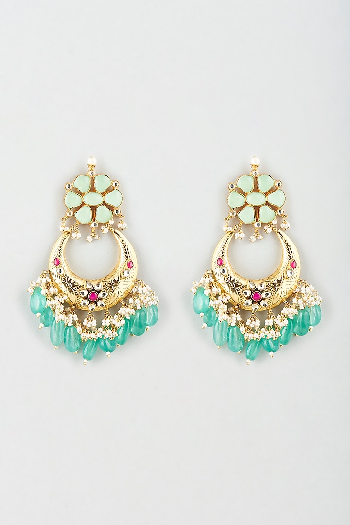 Gold Finish Earrings With Green Drops by Khushi Jewels at Pernia's Pop Up Shop