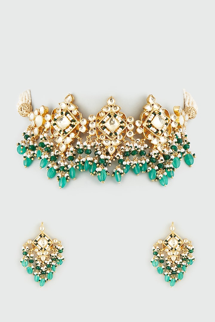 Gold Finish Kundan Polki Necklace Set by Khushi Jewels at Pernia's Pop Up Shop