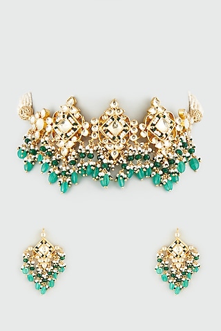 Gold Finish Kundan Polki Necklace Set by Khushi Jewels