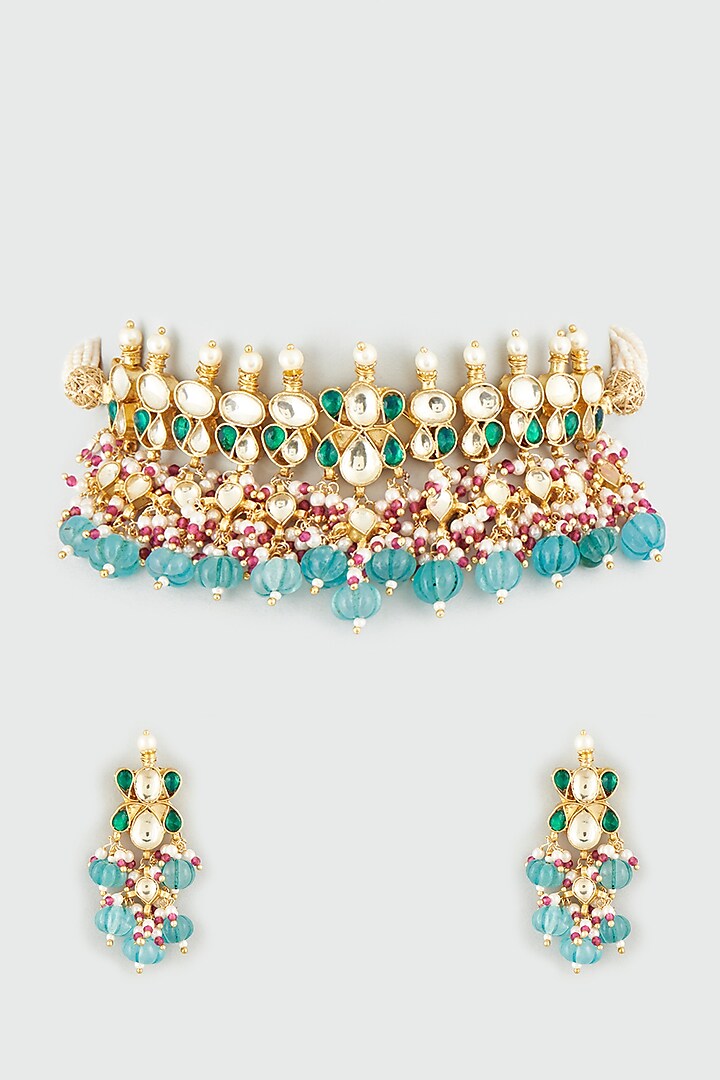 Gold Finish Choker Necklace Set With Green Drops by Khushi Jewels