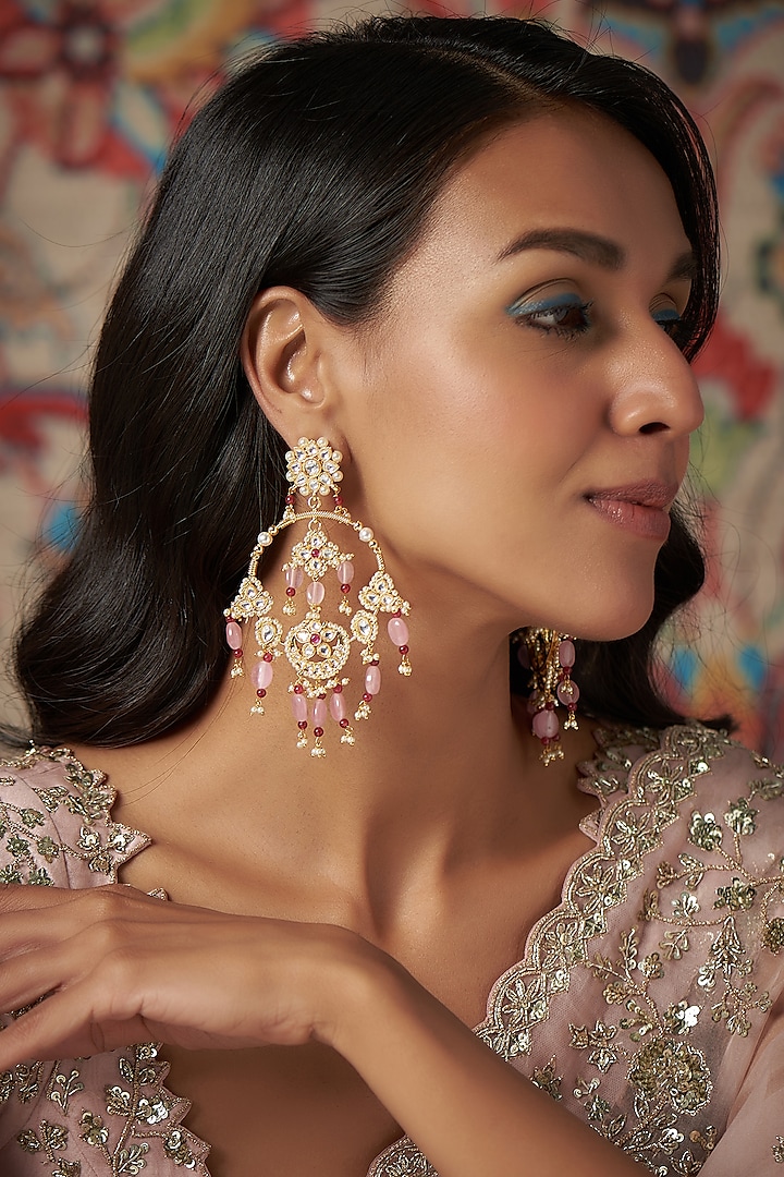 Gold Finish Kundan Polki & Pink Drop Chandbaali Earrings by Khushi Jewels