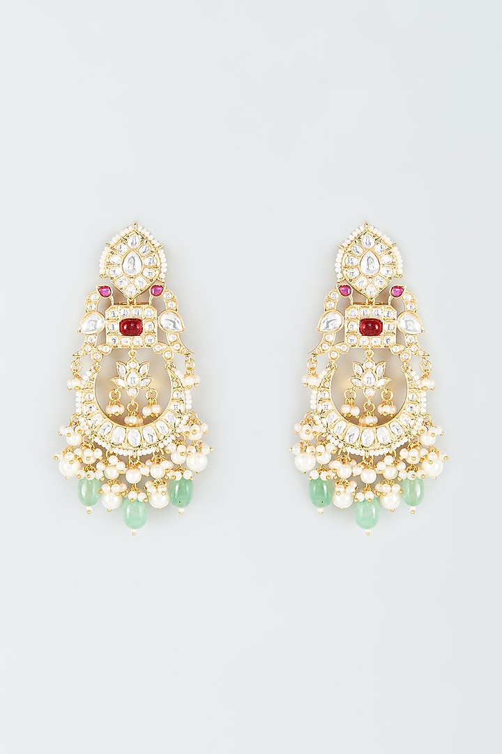Gold Finish Kundan Polki & Green Drop Chandbaali Earrings by Khushi Jewels at Pernia's Pop Up Shop