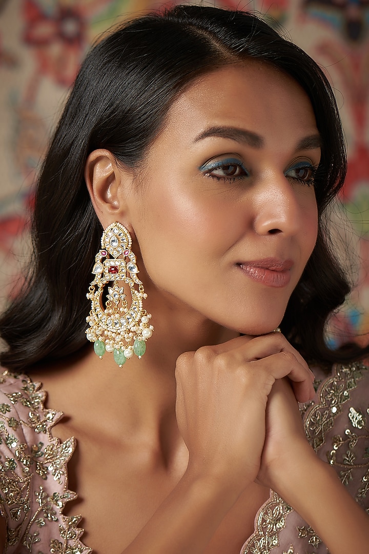 Gold Finish Kundan Polki & Green Drop Chandbaali Earrings by Khushi Jewels at Pernia's Pop Up Shop