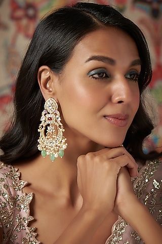 Gold Finish Kundan Polki & Green Drop Chandbaali Earrings by Khushi Jewels