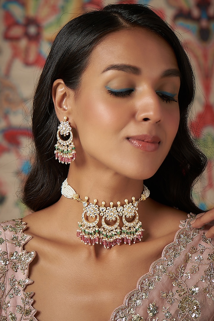 Gold Finish Kundan Polki & Drop Necklace Set by Khushi Jewels