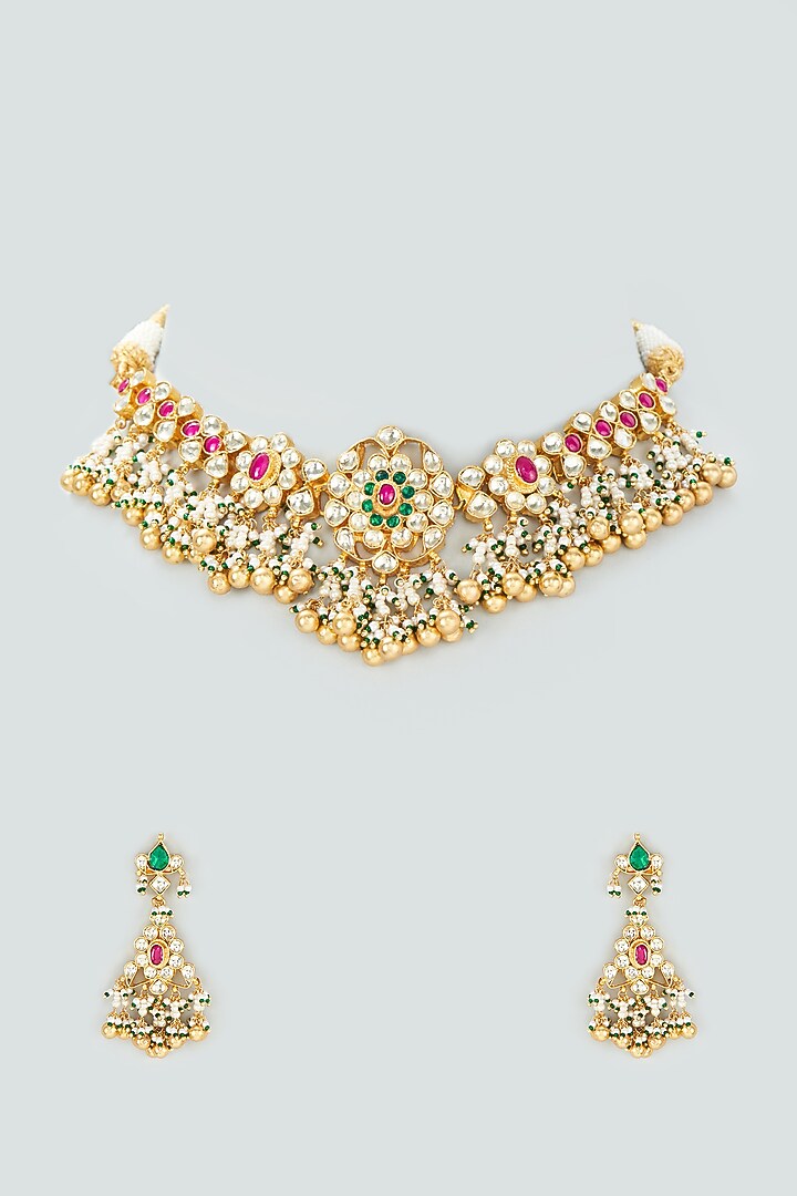 Gold Finish Kundan Polki & Gold Drop Necklace Set by Khushi Jewels at Pernia's Pop Up Shop