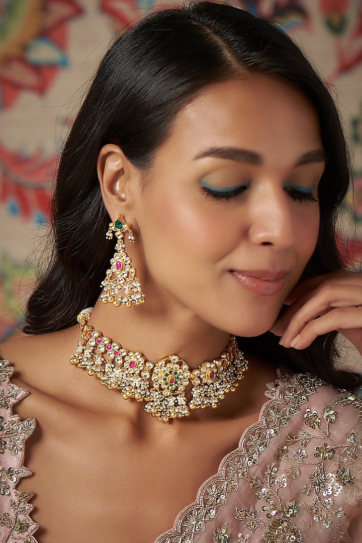 Gold Finish Kundan Polki & Gold Drop Necklace Set by Khushi Jewels