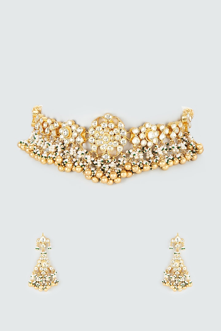 Gold Finish Kundan Polki & Gold Drop Choker Necklace Set by Khushi Jewels at Pernia's Pop Up Shop