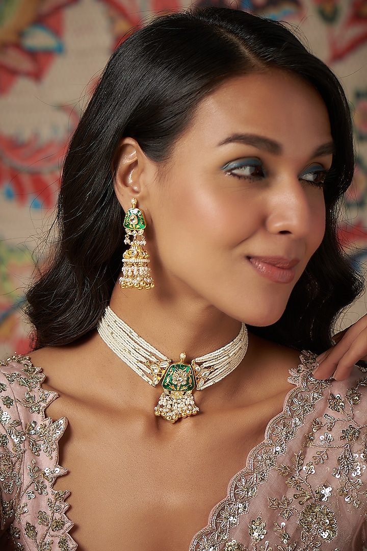 Gold Finish Kundan Polki & Gold Drop Choker Necklace Set by Khushi Jewels