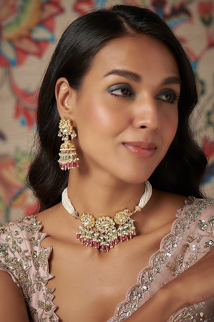 Gold Finish Kundan Polki & Drop Choker Necklace Set by Khushi Jewels