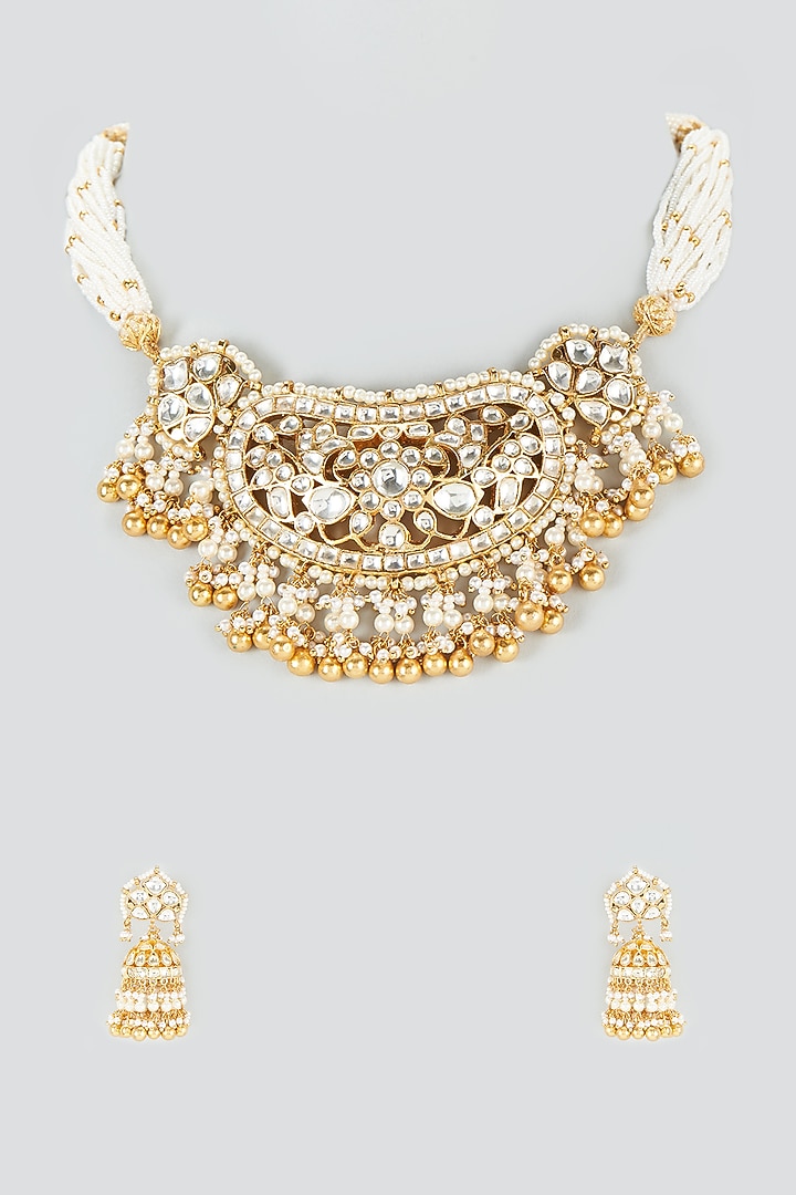Gold Finish Kundan Polki & Gold Drop Choker Necklace Set by Khushi Jewels at Pernia's Pop Up Shop