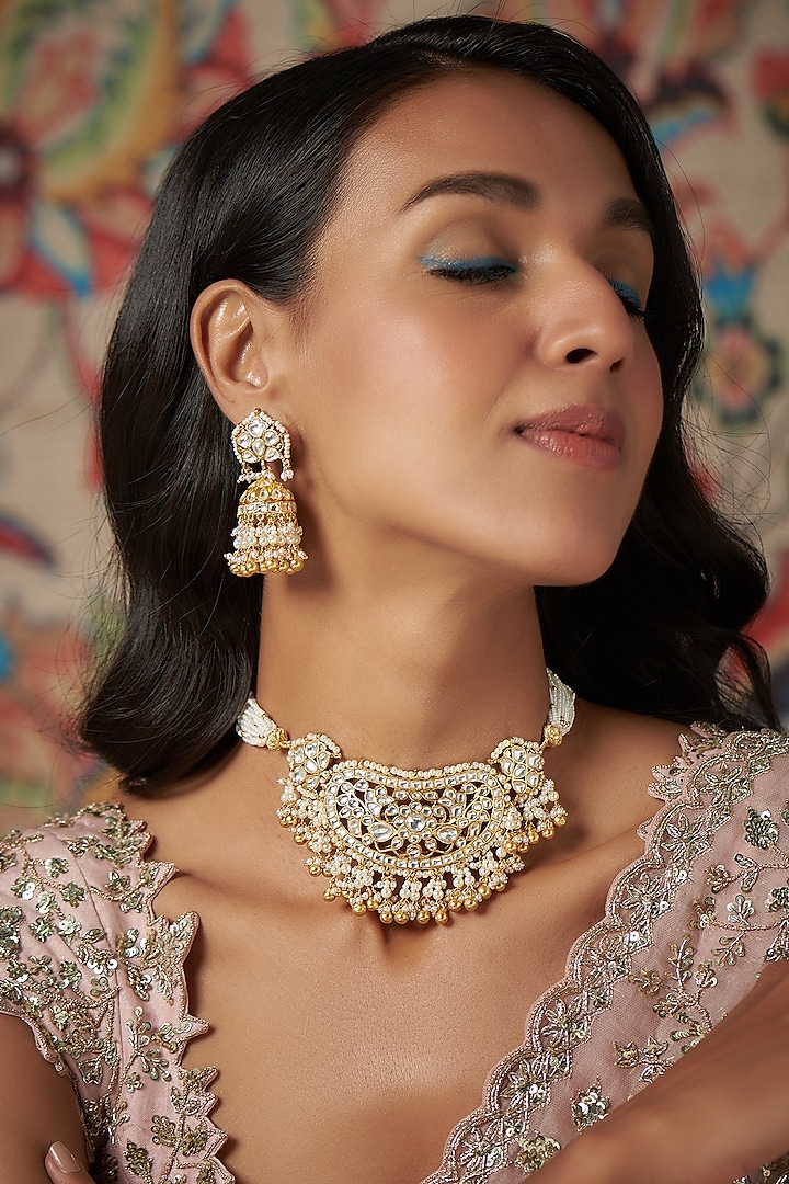 Gold Finish Kundan Polki & Gold Drop Choker Necklace Set by Khushi Jewels at Pernia's Pop Up Shop