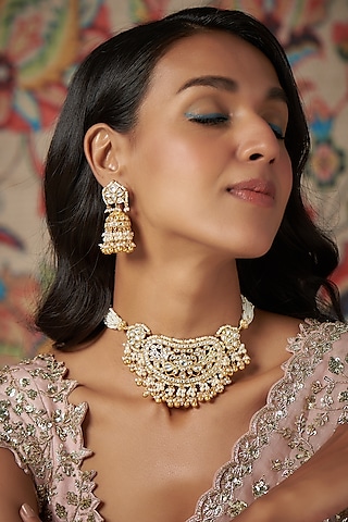 Gold Finish Kundan Polki & Gold Drop Choker Necklace Set by Khushi Jewels