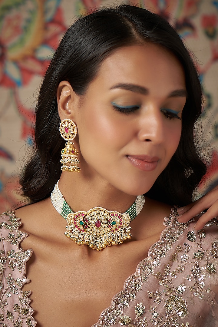 Gold Finish Kundan Polki & Gold Drop Choker Necklace Set by Khushi Jewels
