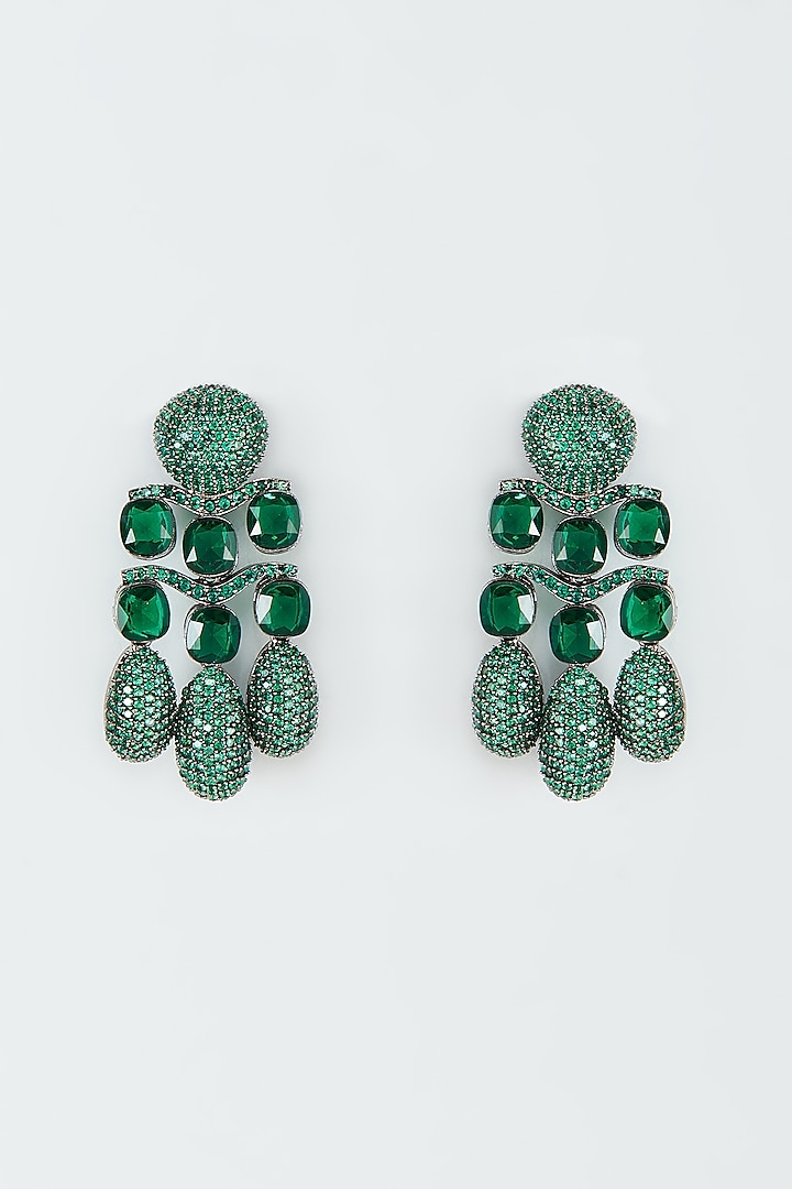 Black Rhodium Finish Green Zircon Dangler Earrings by Khushi Jewels