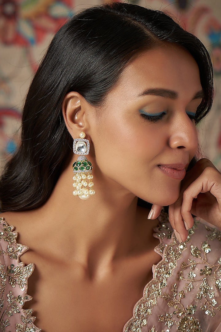 Gold Finish Kundan Polki & Green Stone Jhumka Earrings by Khushi Jewels at Pernia's Pop Up Shop