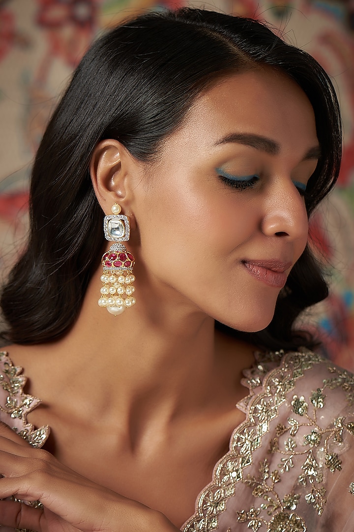 Gold Finish Kundan Polki & Red Stone Jhumka Earrings by Khushi Jewels at Pernia's Pop Up Shop