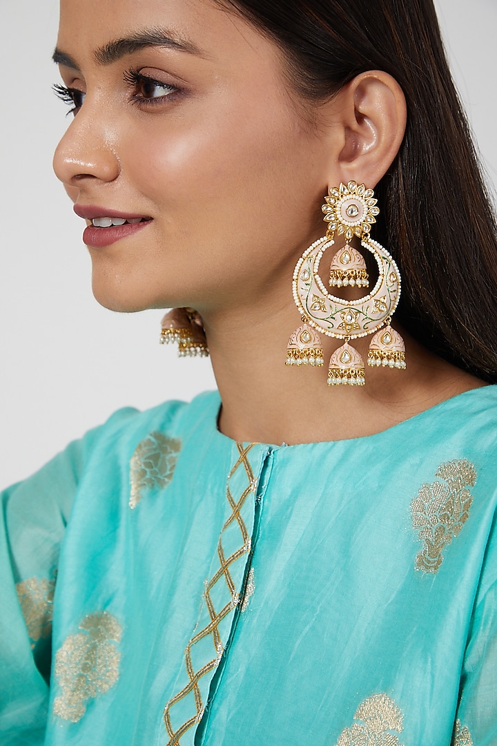 Gold Finish Pearl Enamelled Chandbali Earrings by Khushi Jewels