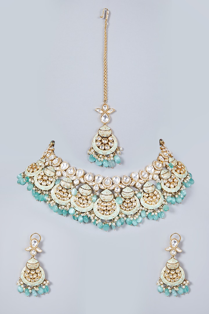 Gold Finish Kundan Polki Necklace Set by Khushi Jewels at Pernia's Pop Up Shop