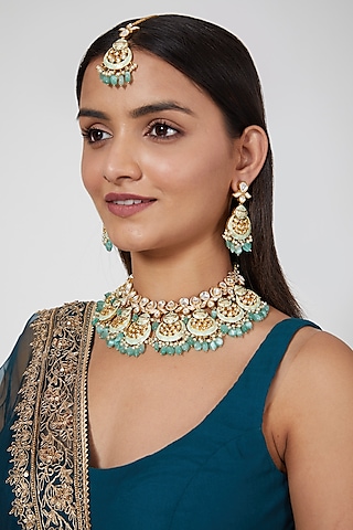 Gold Finish Kundan Polki Necklace Set by Khushi Jewels