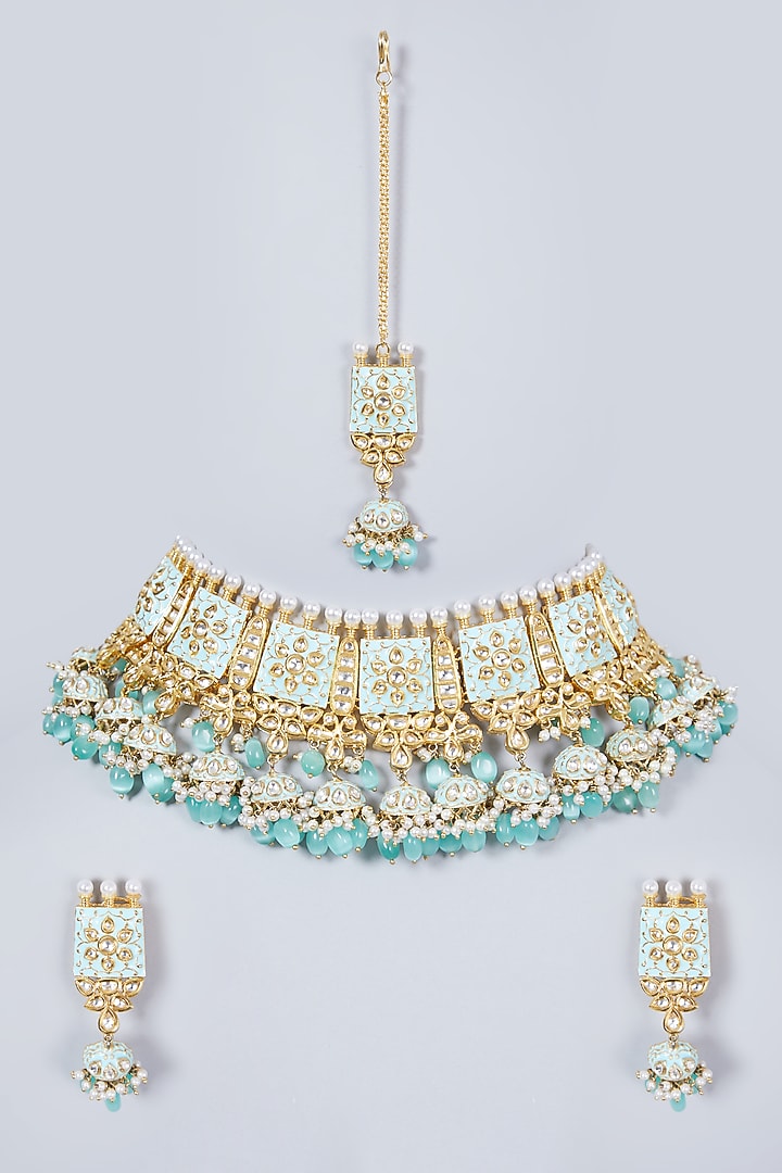 Gold Finish Necklace Set With Kundan Polki by Khushi Jewels at Pernia's Pop Up Shop