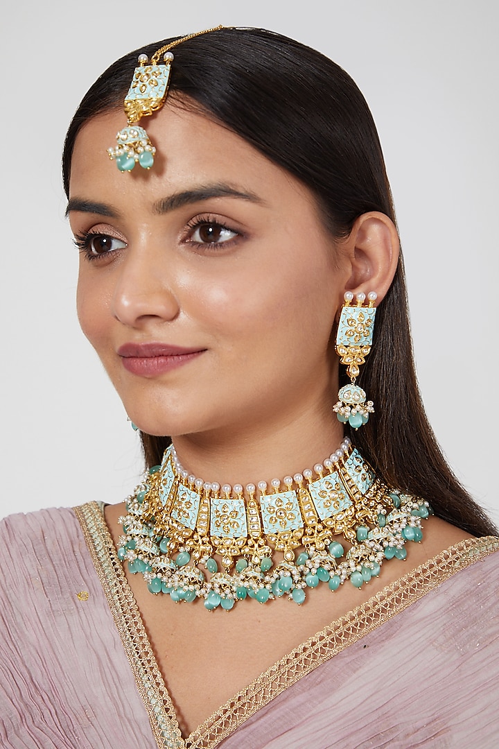 Gold Finish Necklace Set With Kundan Polki by Khushi Jewels