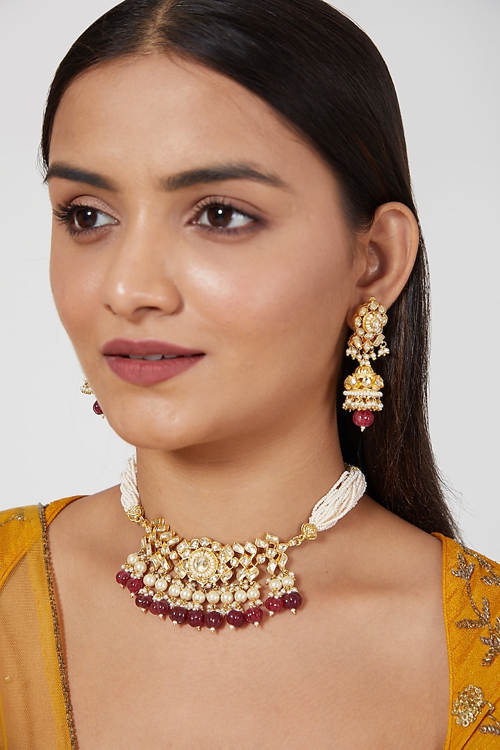 Gold Finish Kundan Polki Choker Necklace Set by Khushi Jewels