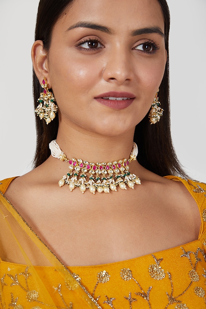 Gold Finish Choker Necklace Set With Kundan Polki by Khushi Jewels at Pernia's Pop Up Shop