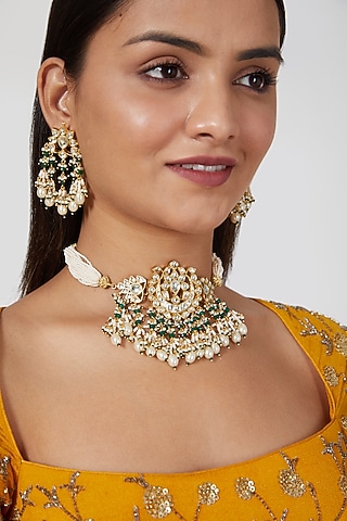 Gold Finish Kundan Polki Necklace Set by Khushi Jewels