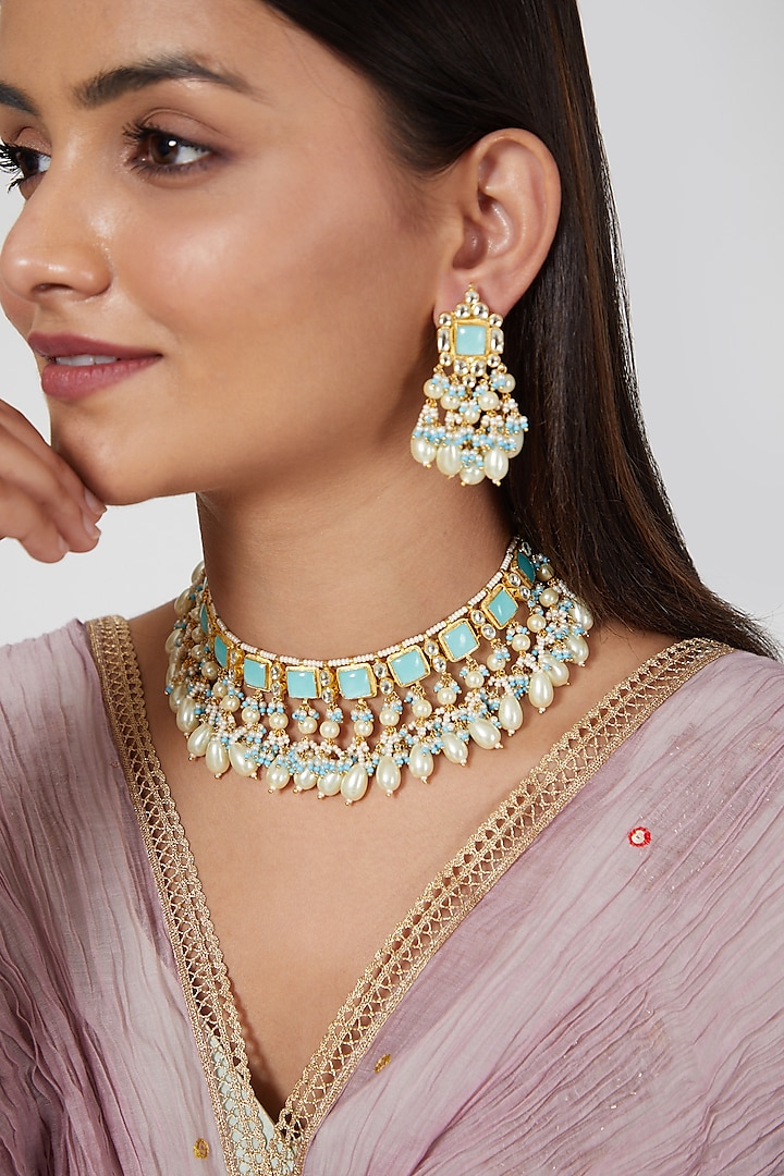 Gold Finish Kundan Polki & Beads Necklace Set by Khushi Jewels