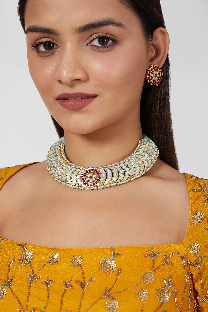 Gold Finish Kundan Polki & Ruby Necklace Set by Khushi Jewels
