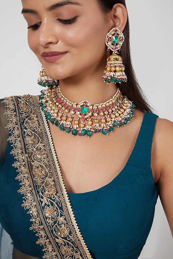 Gold Finish Mixed Metal Necklace Set With Kundan Polki by Khushi Jewels