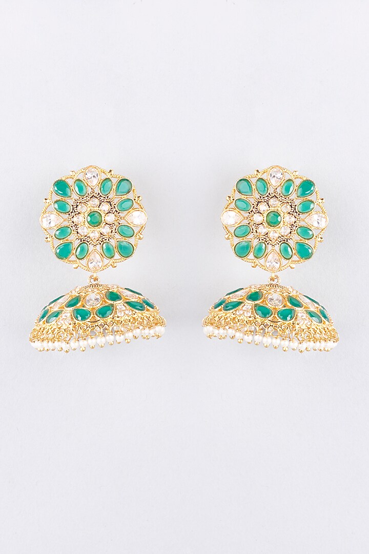 Gold Finish Green & White Stone Dangler Earrings by Khushi Jewels at Pernia's Pop Up Shop