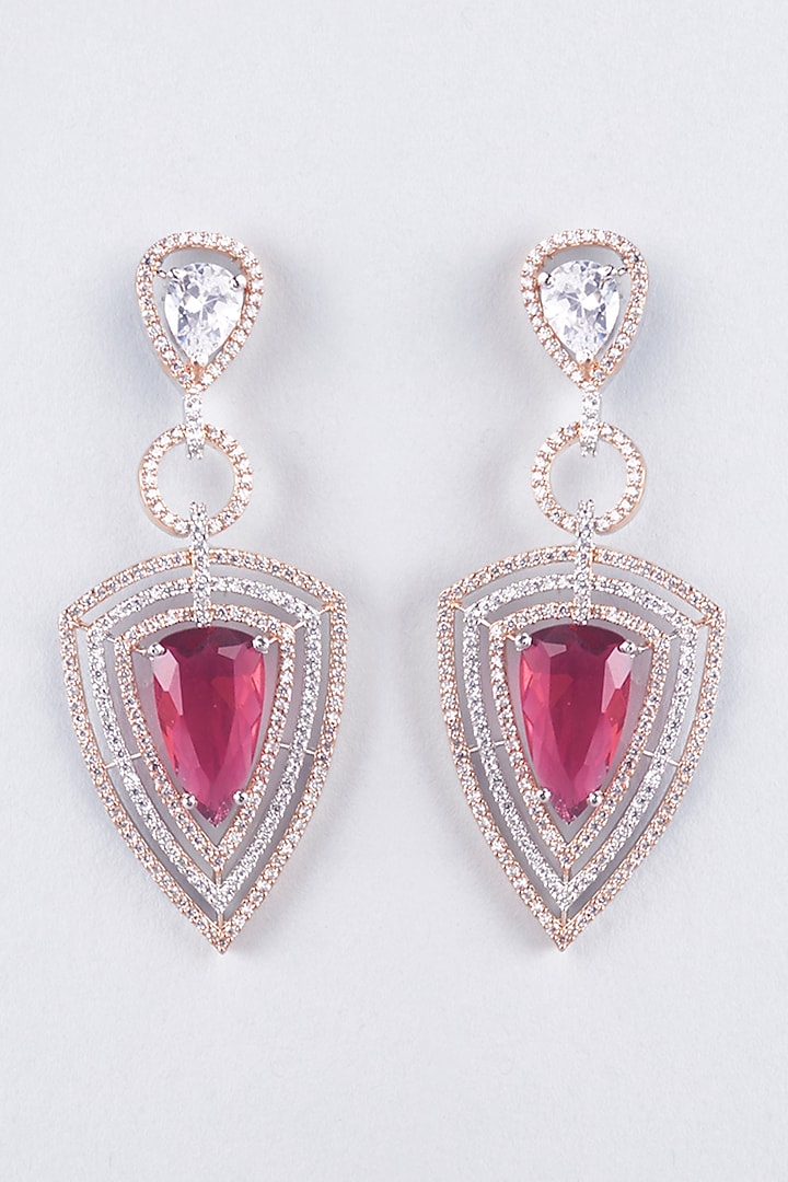 Rose Gold Finish Zircon & Red Stone Dangler Earrings by Khushi Jewels at Pernia's Pop Up Shop