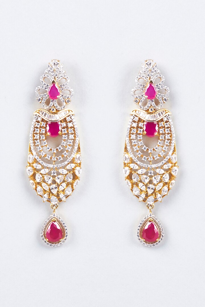 Gold Finish Zircon & Red Stone Dangler Earrings by Khushi Jewels at Pernia's Pop Up Shop