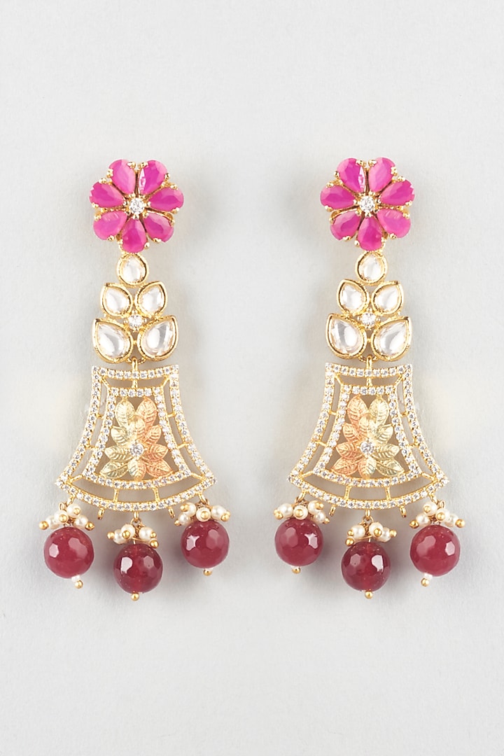 Gold Finish Kundan Polki & Red Stone Dangler Earrings by Khushi Jewels at Pernia's Pop Up Shop