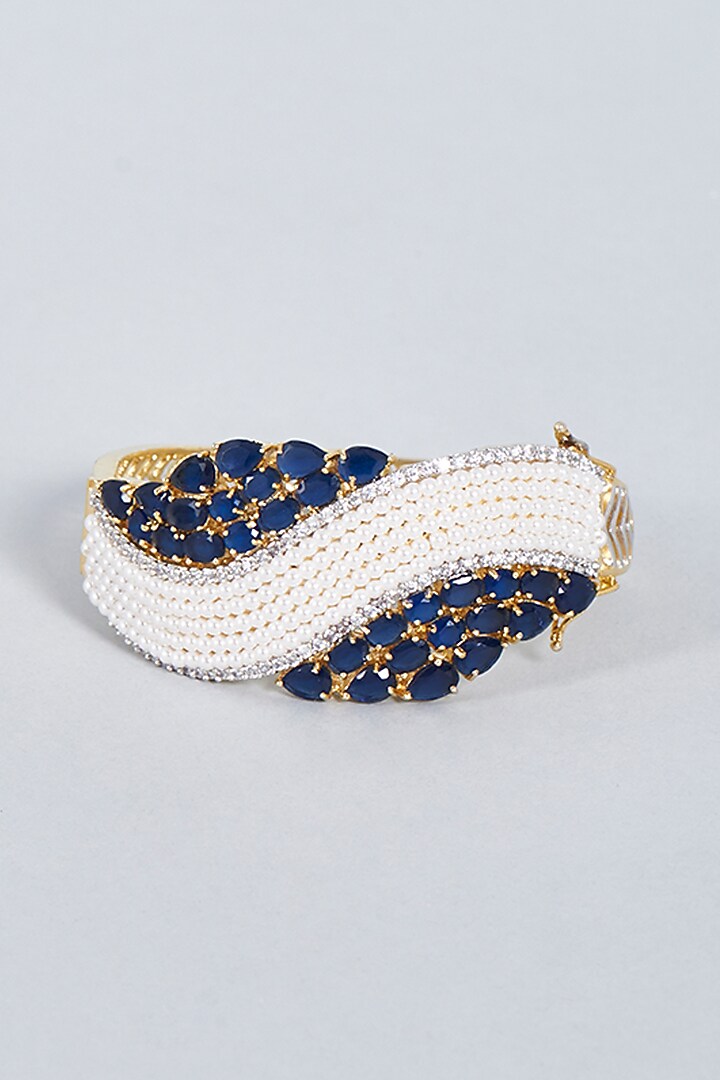 Gold Finish Pearl & Navy Blue Stone Bracelet Design by Khushi Jewels at