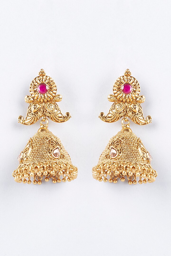 Gold Finish Red Stone Jhumka Earrings by Khushi Jewels at Pernia's Pop Up Shop