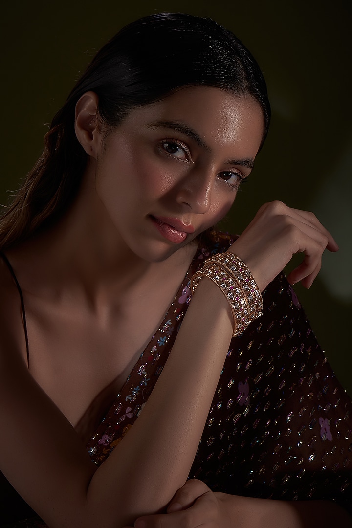 Rose Gold Finish Moissanite Polki Bangles (Set Of 2) by Khushi Jewels at Pernia's Pop Up Shop