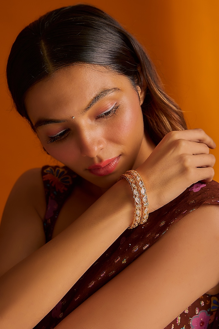 Rose Gold Finish Moissanite Polki Bangles (Set Of 2) by Khushi Jewels at Pernia's Pop Up Shop