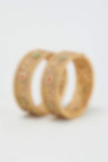 Gold Finish Red & Green Stone Bangles (Set Of 2) by Khushi Jewels at Pernia's Pop Up Shop
