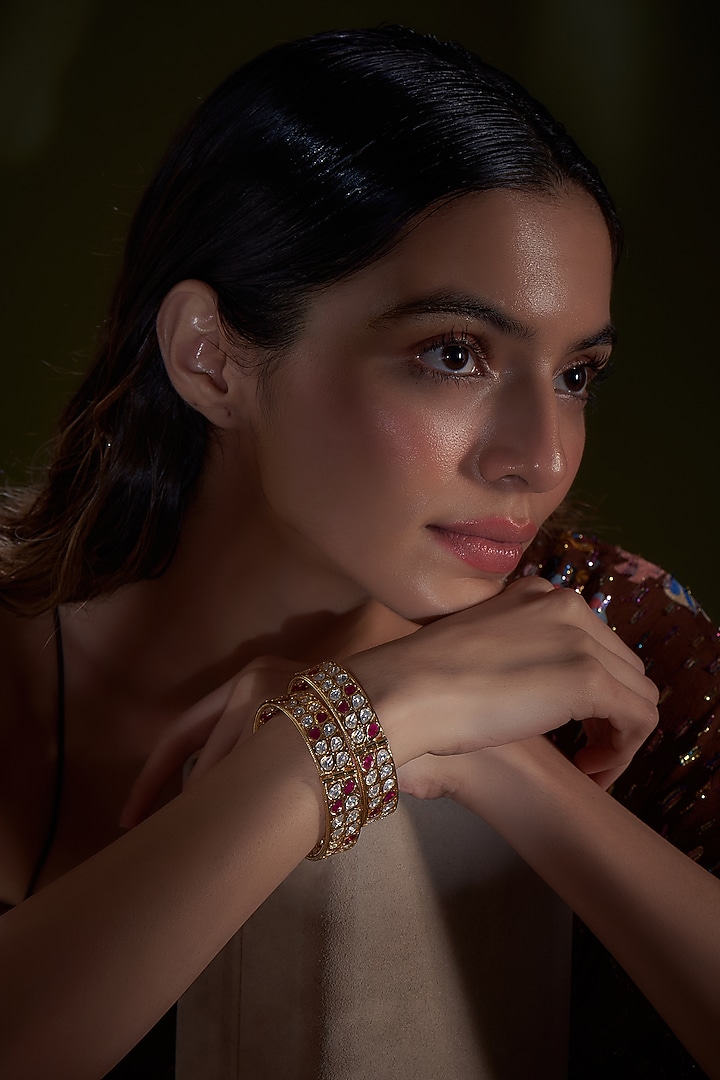 Rose Gold Finish Moissanite Polki Bangles (Set Of 2) by Khushi Jewels at Pernia's Pop Up Shop