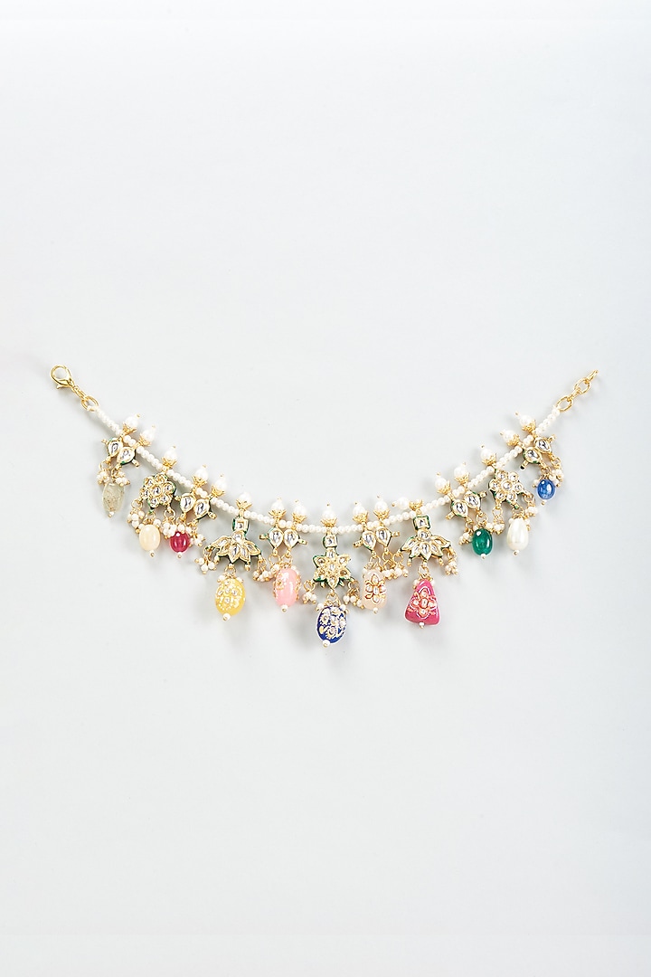 Gold Finish Multi-Colored Drop & Moti Anklets (Set Of 2) by Khushi Jewels at Pernia's Pop Up Shop