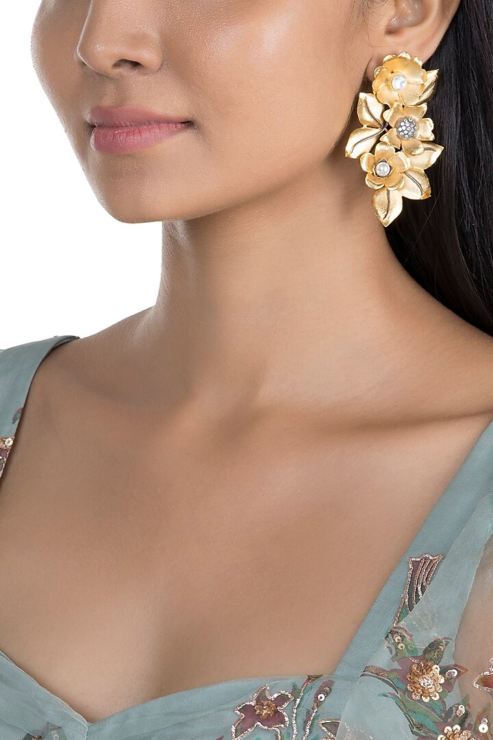 Gold Finish Floral & Leaf Earrings by Khushi Jewels