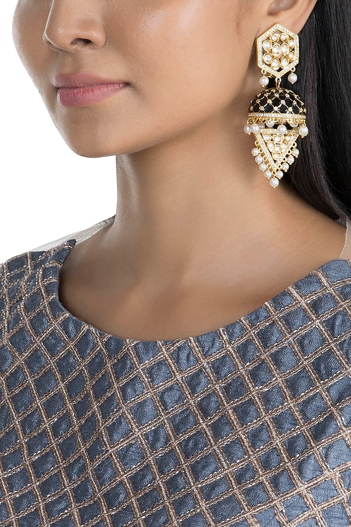 Gold Finish Black Enameled Kundan Earrings by Khushi Jewels