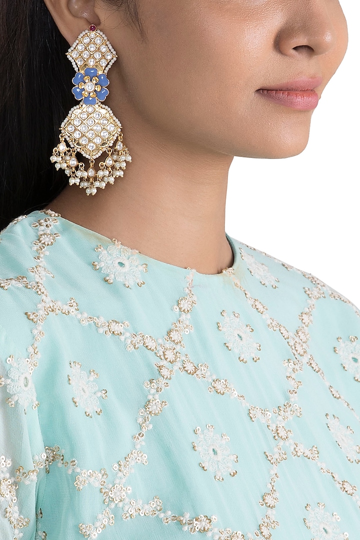 Gold Finish Blue Enameled Kundan Earrings by Khushi Jewels
