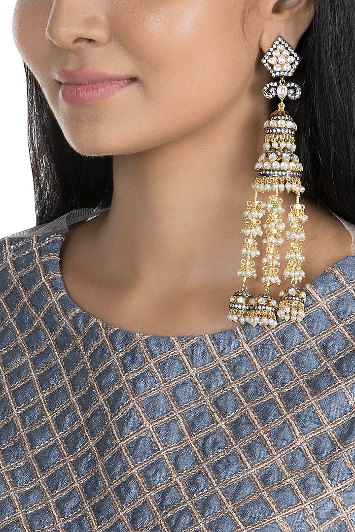Gold Finish Faux Pearl, Kundan & CZ Diamond Earrings by Khushi Jewels