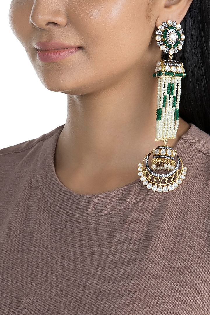 Gold Finish Faux Pearl, Kundan & CZ Diamond Long Earrings by Khushi Jewels